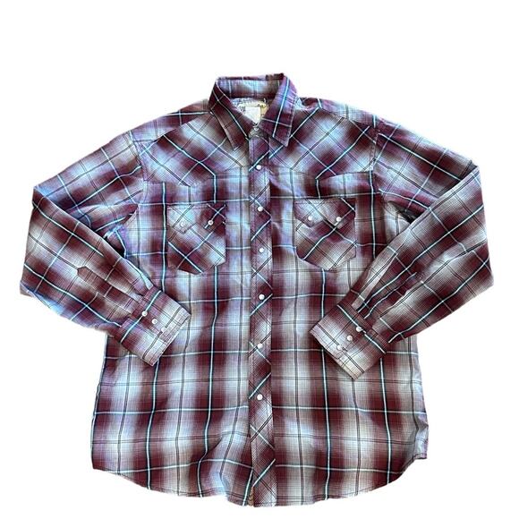 Vintage Wrangler Large Pearl Snap Burgundy Plaid Shirt - Picture 1 of 5